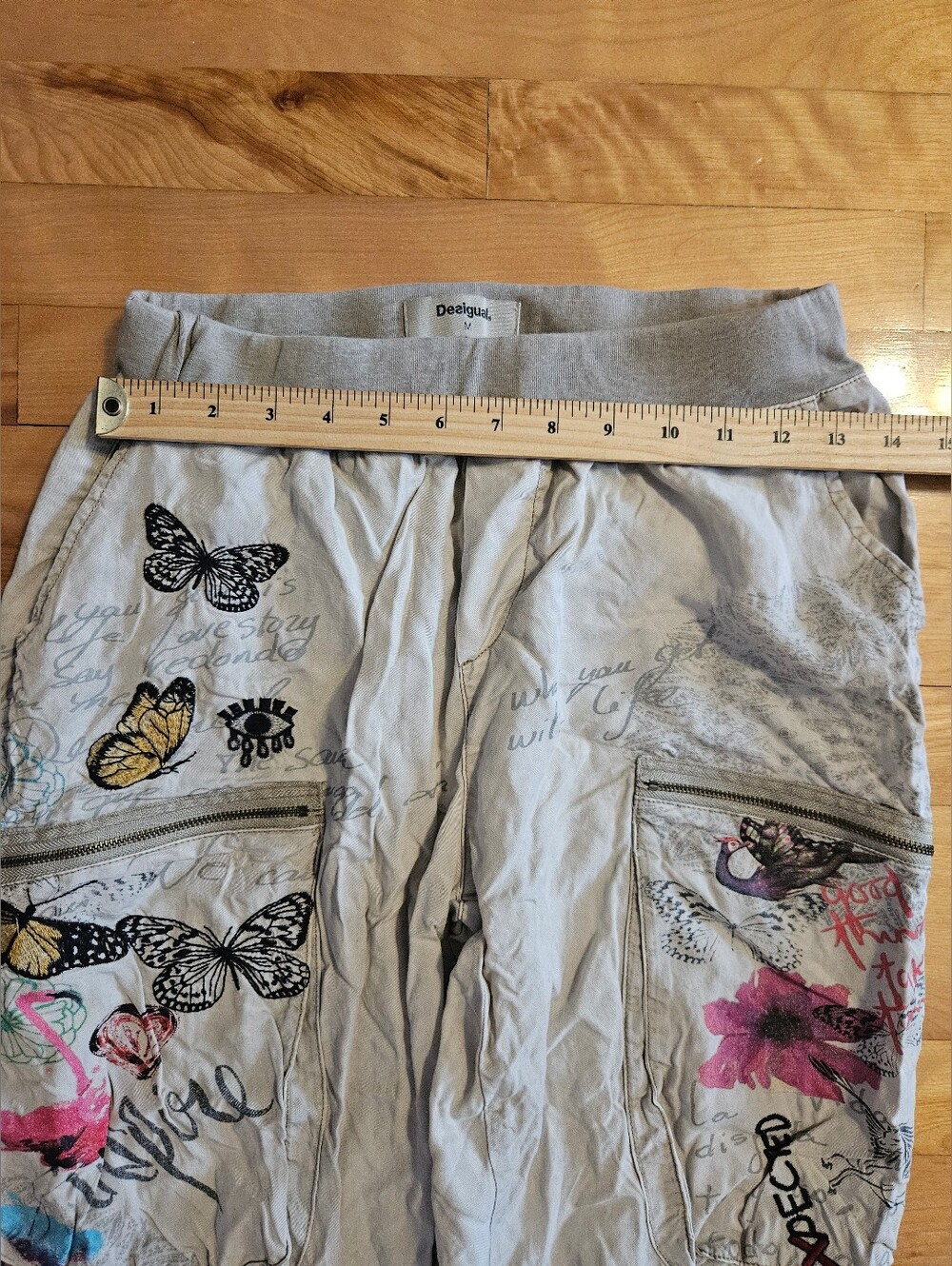 Desigual Trousers Miner-Style Pants Beige With Gorgeous Flowers Butterflys Eyes - Picture 3 of 9
